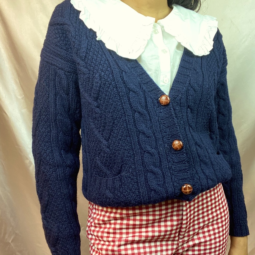 Vintage L.L Bean Navy Cardigan 100% Wool Sz S - Picture 2 of 6